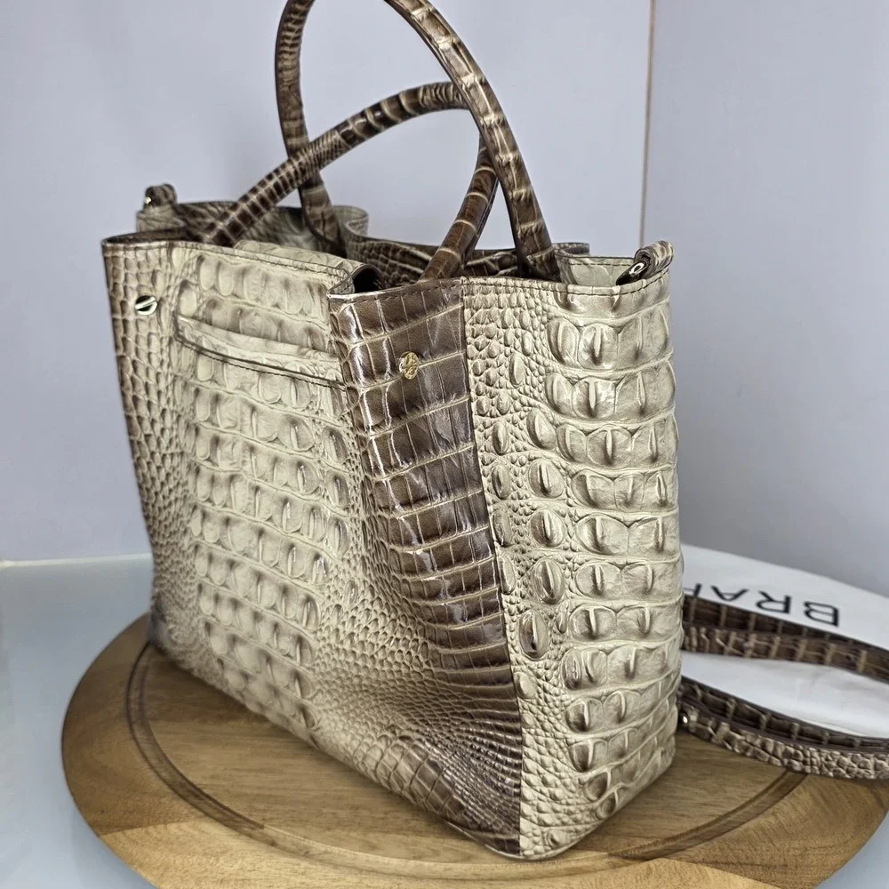 Brahmin Small Mallory Blossom Melbourne Latte Satchel Handbag Beige Ecru Taupe